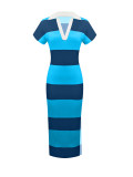 Women Elegant V-Neck Turndown Collar Striped Short-Sleeve Slit Dress