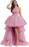 Women mesh cascading ruffles strapless evening dress（Processing time need 3-6 days）
