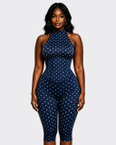 Women Halter Neck Polka Dot Zipper Capri Jumpsuit (Faux Two-Piece)