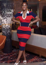 Women Elegant V-Neck Turndown Collar Striped Short-Sleeve Slit Dress