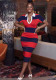 Women Elegant V-Neck Turndown Collar Striped Short-Sleeve Slit Dress