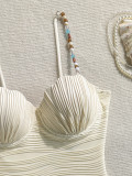 Women Wave Pattern Retro Shell Beaded One-Piece Swimwear