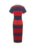 Women Elegant V-Neck Turndown Collar Striped Short-Sleeve Slit Dress