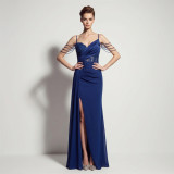 Women Suspender Tassel Backless Formal Party Slit Evening Gown