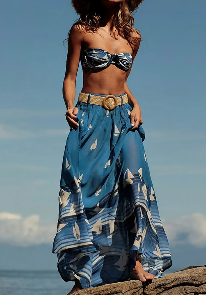 Strapless Lace-Up Bikini & Skirt Three-Piece Set
