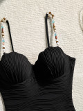 Women Wave Pattern Retro Shell Beaded One-Piece Swimwear