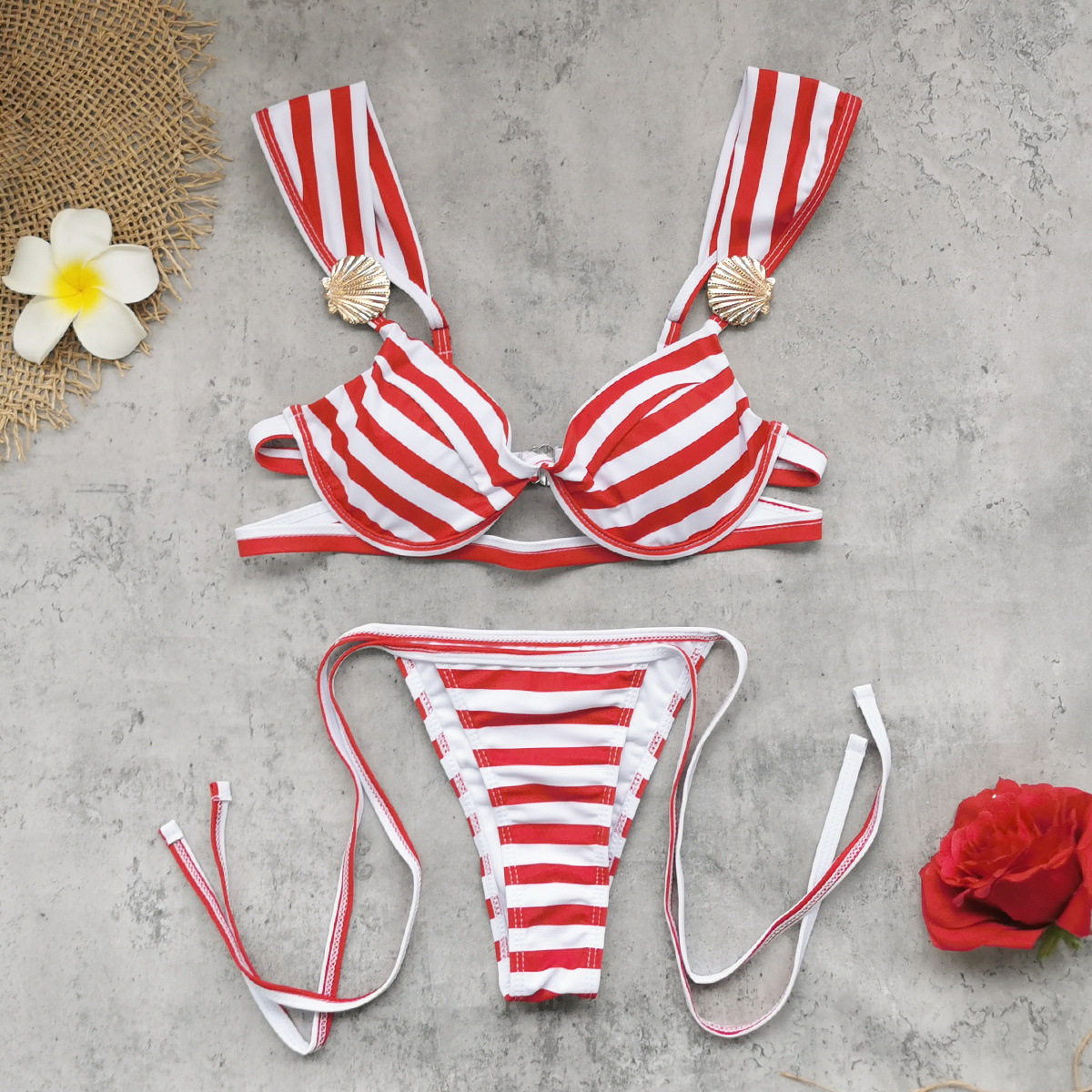 Striped Print Ruffle Lace-Up Two-Piece Bikini Swimsuit