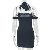 Women solid metallic sexy backless bodycon off-shoulder halter neck dress