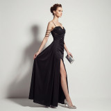 Women Suspender Tassel Backless Formal Party Slit Evening Gown