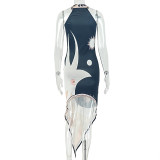 Women printed bodycon high-neck sleeveless maxi dress