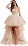 Women mesh cascading ruffles strapless evening dress（Processing time need 3-6 days）
