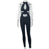 Women casual backless halter neck solid jumpsuit