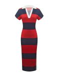 Women Elegant V-Neck Turndown Collar Striped Short-Sleeve Slit Dress