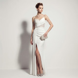Women Suspender Tassel Backless Formal Party Slit Evening Gown