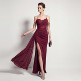 Women Suspender Tassel Backless Formal Party Slit Evening Gown