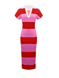 Women Elegant V-Neck Turndown Collar Striped Short-Sleeve Slit Dress