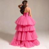 Women mesh cascading ruffles strapless evening dress（Processing time need 3-6 days）