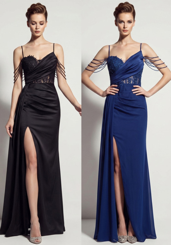 Women Suspender Tassel Backless Formal Party Slit Evening Gown