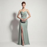 Women Suspender Tassel Backless Formal Party Slit Evening Gown
