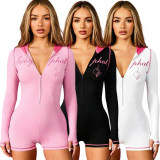 Women Sporty Color Block Zipper Hooded Romper