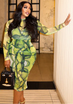 Women printed bodycon High-neck long-sleeved green dress