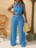 Women Summer Casual Zipper Sleeveless Top and Wide-Leg Pants Two-Piece Set