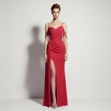 Women Suspender Tassel Backless Formal Party Slit Evening Gown