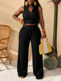 Women Summer Casual Zipper Sleeveless Top and Wide-Leg Pants Two-Piece Set