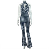 Women printed polka dot halter neck sleeveless jumpsuit