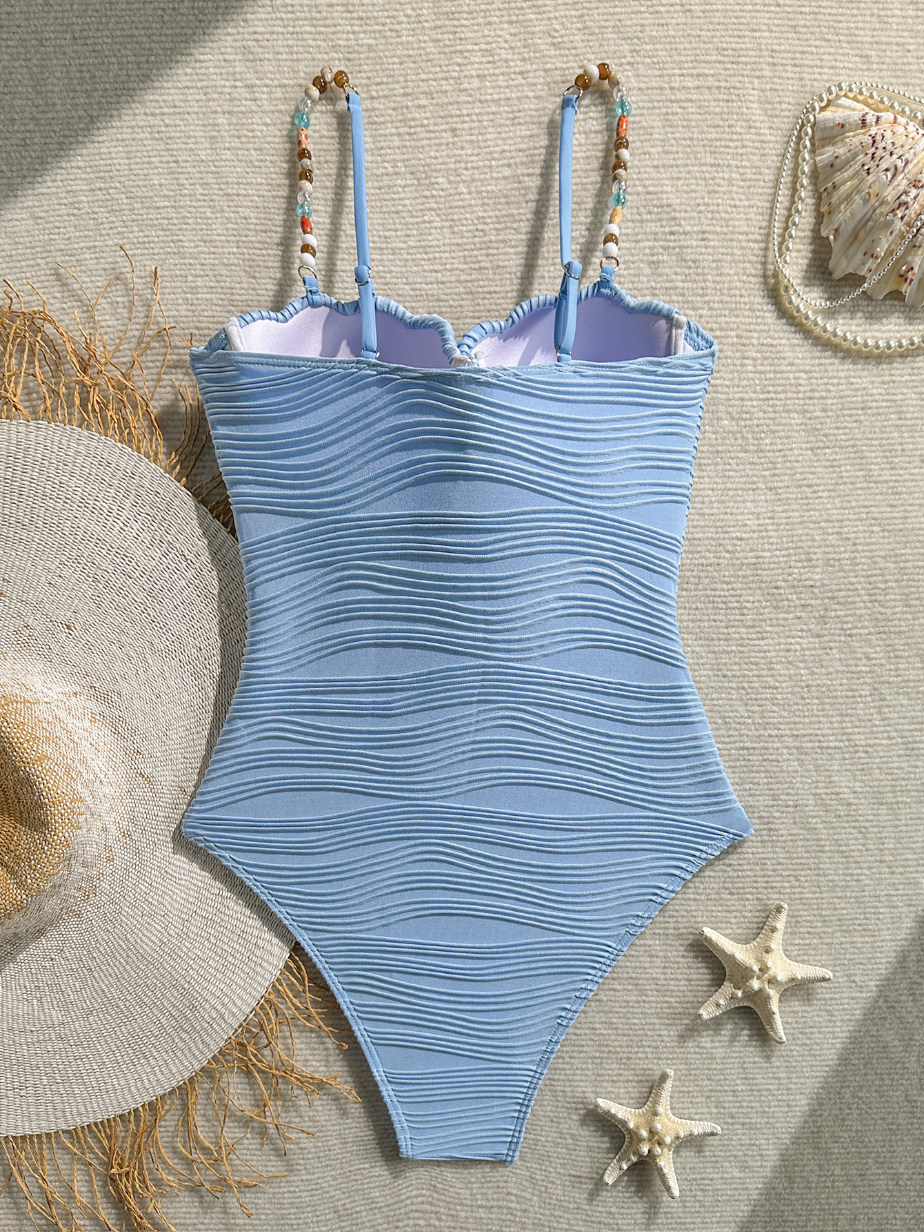 Wave Pattern Shell Beaded One-Piece Swimsuit for Beachwear