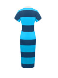 Women Elegant V-Neck Turndown Collar Striped Short-Sleeve Slit Dress