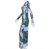 Women retro hollow-out bodycon round neck long-sleeved dress