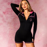 Women Sporty Color Block Zipper Hooded Romper