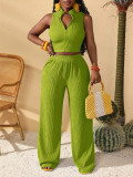 Women Summer Casual Zipper Sleeveless Top and Wide-Leg Pants Two-Piece Set