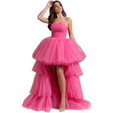 Women mesh cascading ruffles strapless evening dress（Processing time need 3-6 days）