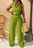 Women Summer Casual Zipper Sleeveless Top and Wide-Leg Pants Two-Piece Set