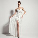 Women Suspender Tassel Backless Formal Party Slit Evening Gown