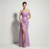 Women Suspender Tassel Backless Formal Party Slit Evening Gown