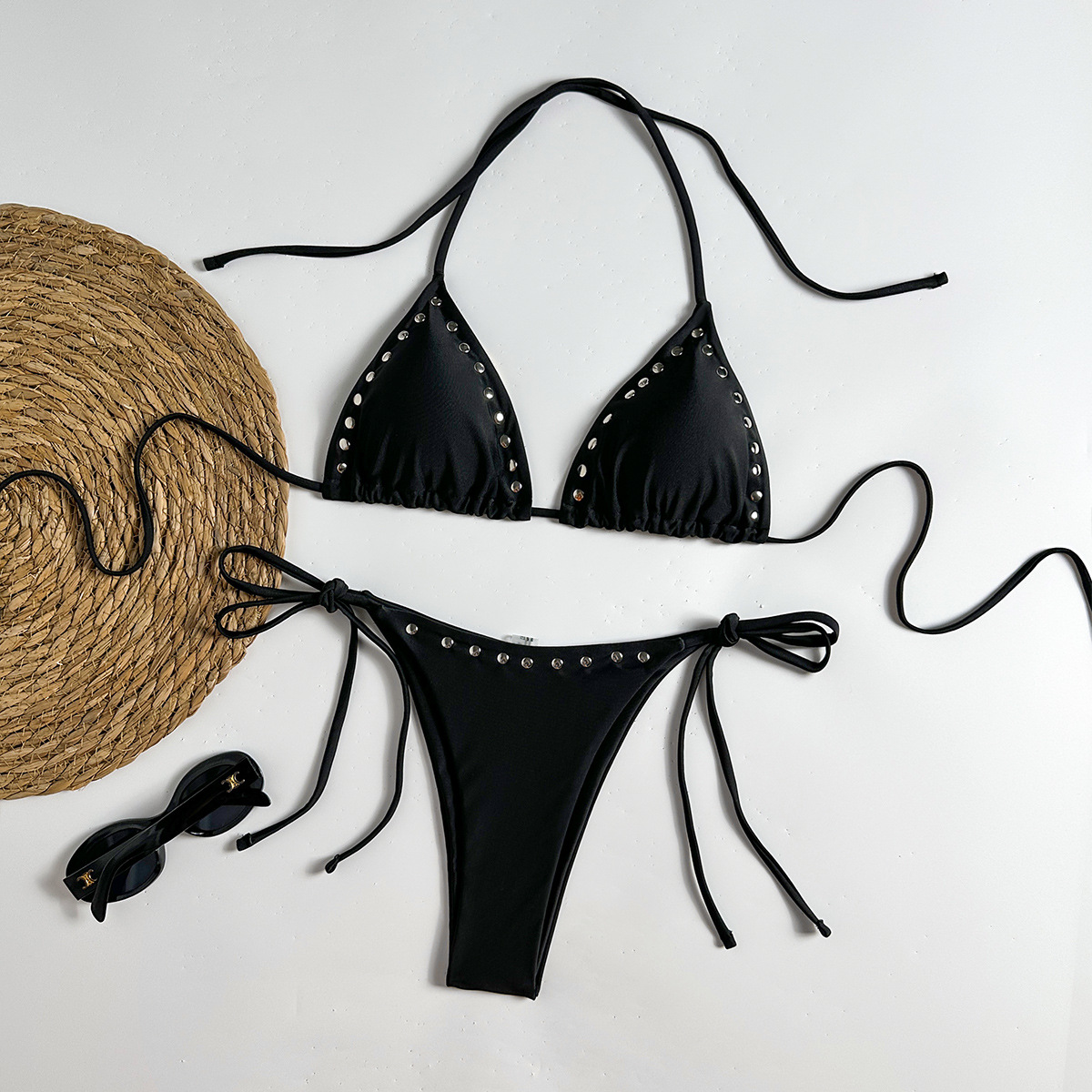 Halter Neck Metal Rivet Hollow-Out Two-Piece Bikini