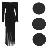 Women's Sexy Off-Shoulder Chic Fringe Bodycon Long Sleeve Evening Gown Dress