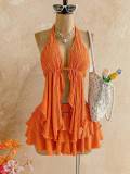 Women's Halter Neck Textured Top and Ruffle Mini Skirt Holiday Two-Piece Set