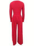 Women's Solid Color Tie-Waist Wide Leg Two-Piece Pants Set