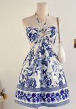 Women's Halter Neck Open Waist Blue and White Floral Print Slim Waist Beach Dress