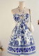 Women's Halter Neck Open Waist Blue and White Floral Print Slim Waist Beach Dress