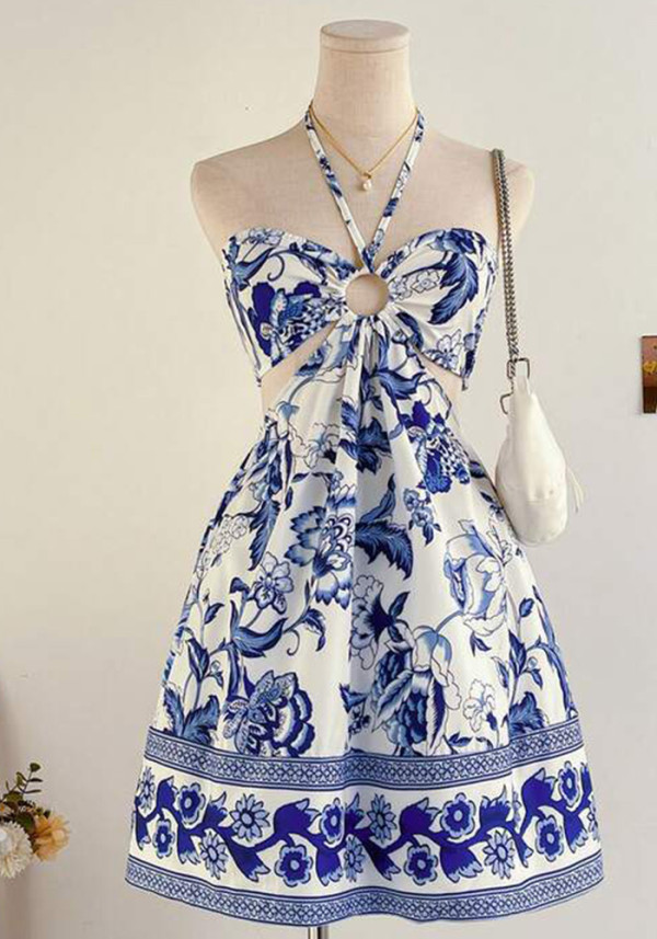 Women's Halter Neck Open Waist Blue and White Floral Print Slim Waist Beach Dress