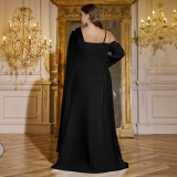 Women's Solid Color Square Neck Long Sleeve Low Back Split Evening Party Gown Dress
