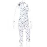 Women's Summer Polka Dot Halter Neck Corset Waist Cropped Jumpsuit