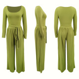 Women's Solid Color Tie-Waist Wide Leg Two-Piece Pants Set