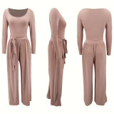 Women's Solid Color Tie-Waist Wide Leg Two-Piece Pants Set