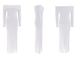 Women's Sexy Off-Shoulder Chic Fringe Bodycon Long Sleeve Evening Gown Dress